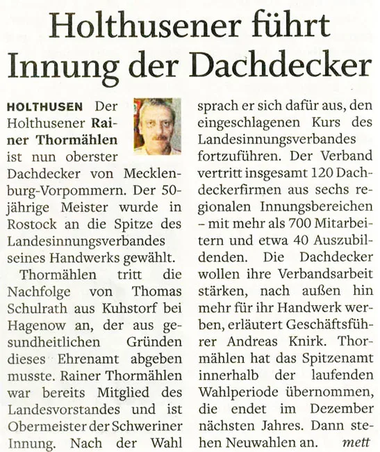 Zeitungsausschnitt über Rainer Thormählen als neuen Landesinnungsmeister der Dachdecker in Mecklenburg-Vorpommern