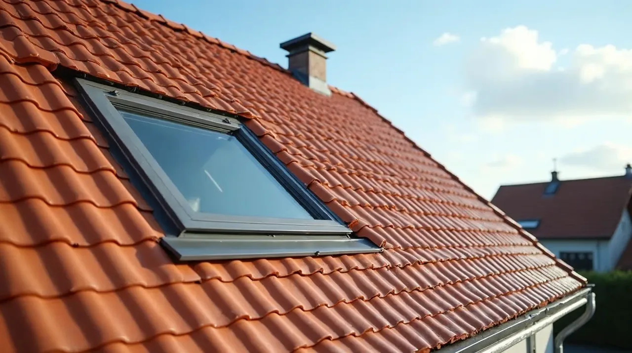 Neu eingebautes Dachfenster mit anthrazitfarbenem Eindeckrahmen in einem Dach mit rotbraunen Tonziegeln bei sonnigem Tageslicht