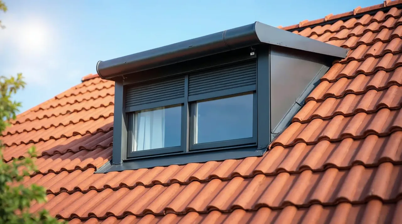Dachfenster mit außenliegendem, teilweise geschlossenem Rolladen in einem Dach mit rotbraunen Tonziegeln bei Sommersonne