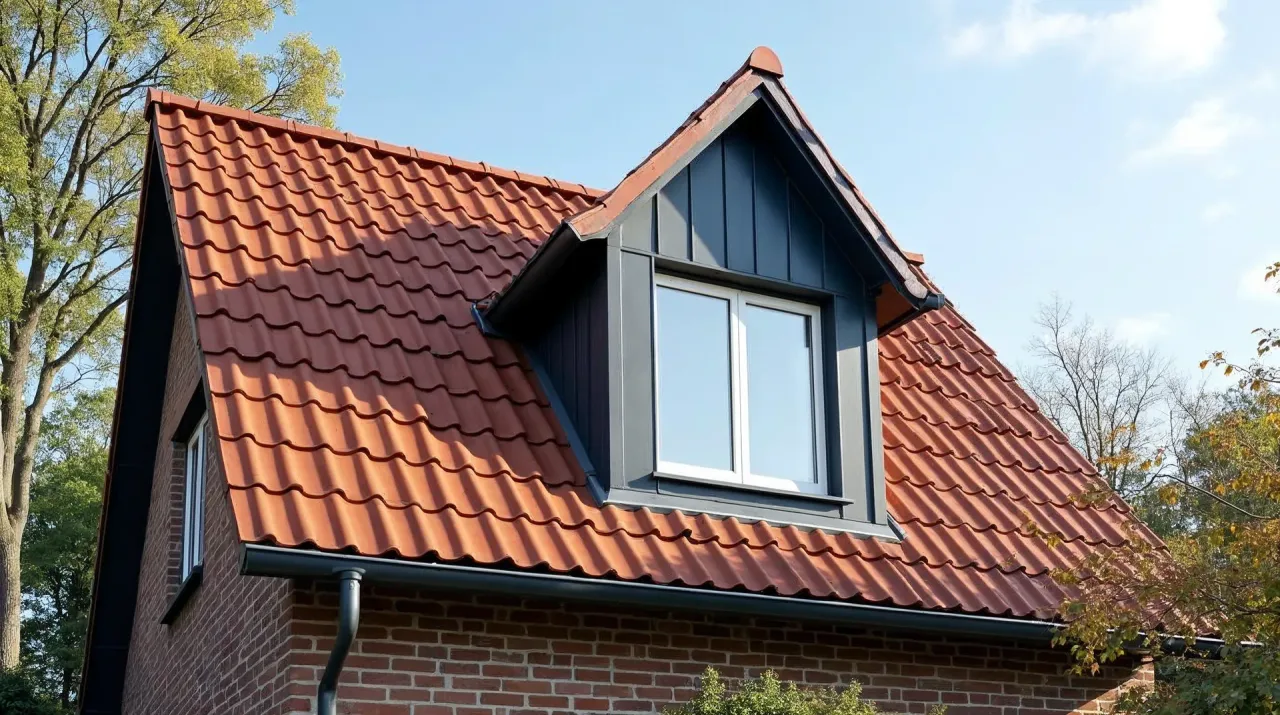 Satteldachgaube mit rotbrauner Tonziegel-Eindeckung, anthrazitfarbenen Gaubenwangen und weißem Fenster auf einem norddeutschen Klinkerhaus bei Tageslicht