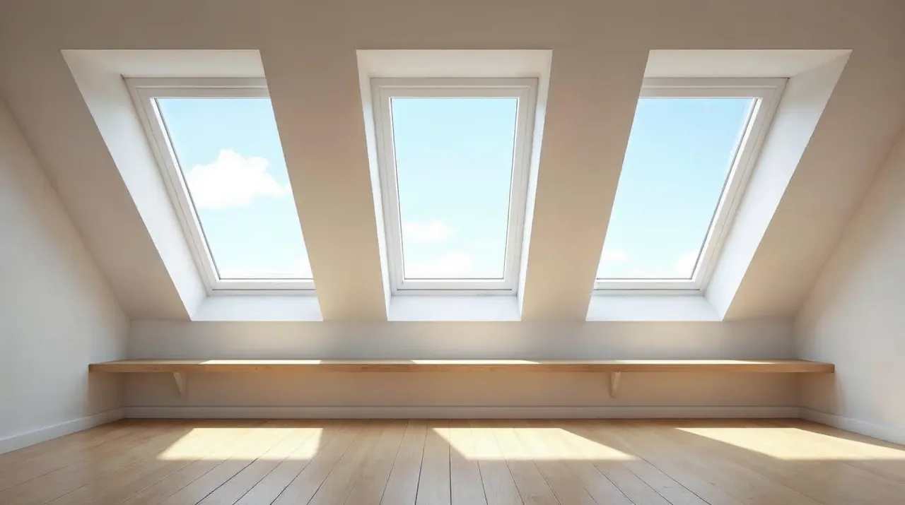 Ausgebautes Dachgeschoss mit drei nebeneinander eingebauten Dachfenstern als Lichtband, Sonnenlicht fällt auf den Holzboden