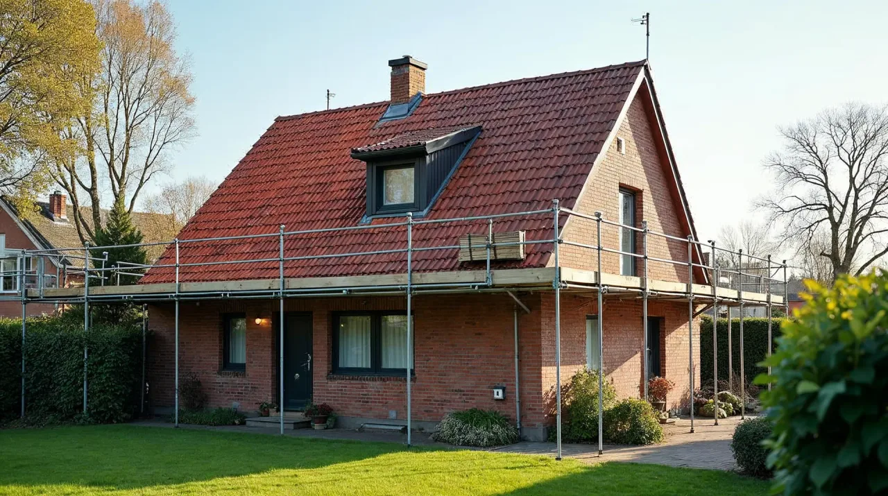 Norddeutsches Backsteinhaus mit Gerüst während der Dachsanierung: eine Dachhälfte neu mit rotbraunen Tonziegeln eingedeckt, Gaube und Schornstein in der Dachfläche, Ziegelpakete auf dem Gerüst