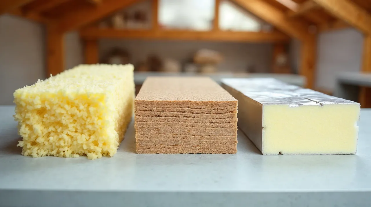Drei Dämmstoffe nebeneinander auf einer Werkbank: links eine weiche Mineralwolle-Matte, in der Mitte braune Holzfaserplatten, rechts eine PUR-Hartschaumplatte mit Aluminiumkaschierung