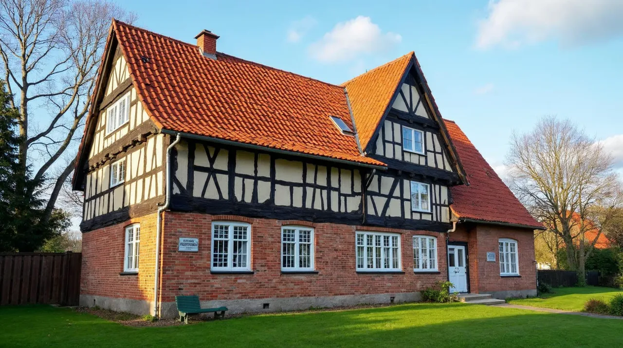Denkmalgeschütztes Fachwerkhaus mit unveränderter Fachwerk- und Backsteinfassade und neu eingedecktem Dach aus rotbraunen Tonziegeln, ein kleines flaches Dachfenster auf der Seitenfläche