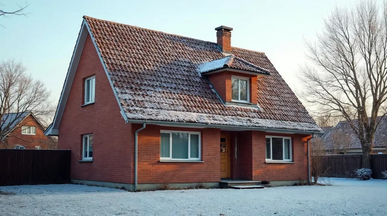 Ziegeldach eines Backsteinhauses an einem Frostmorgen: Auf Teilen der Dachfläche ist der Raureif bereits weggetaut, ein Hinweis auf Wärmeverlust