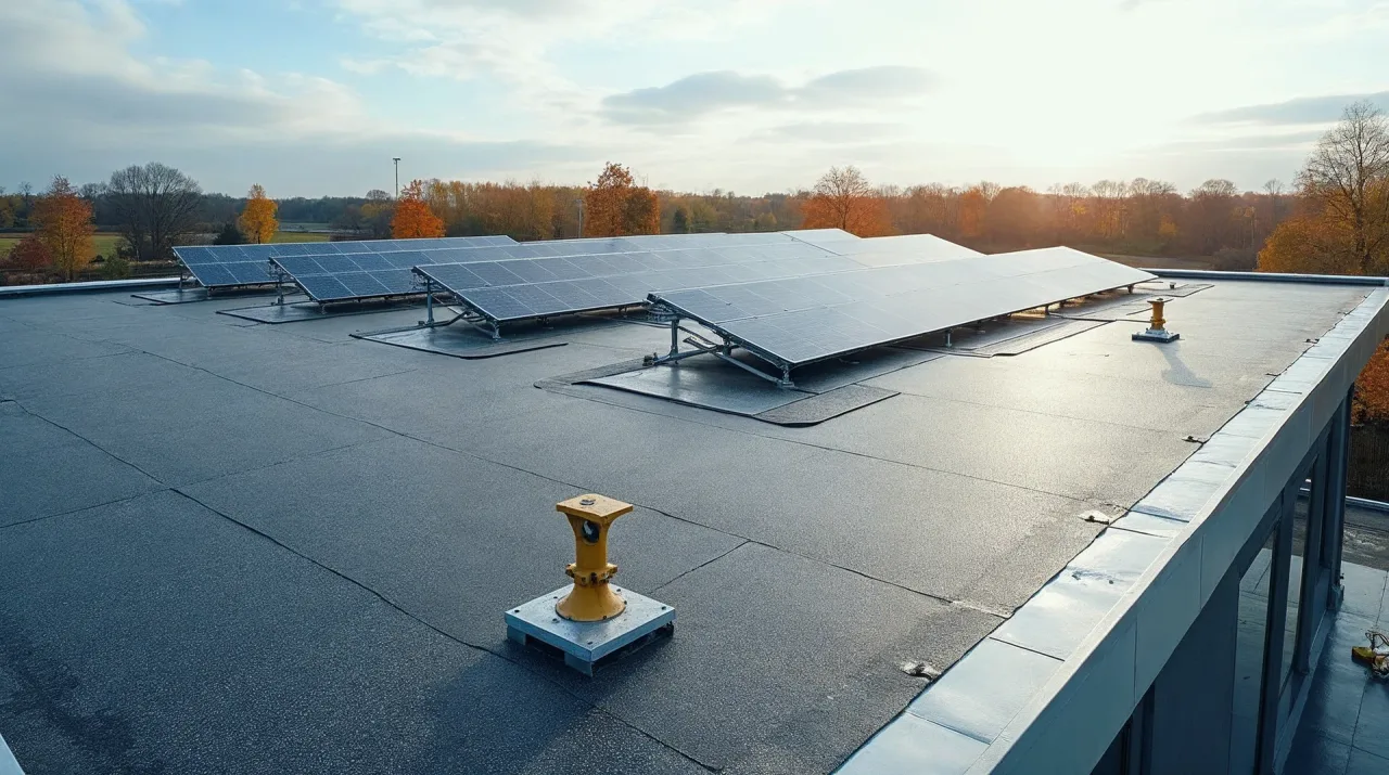Saniertes Gewerbe-Flachdach mit dunkler Bitumenabdichtung, aufgeständerten Solarmodulen ohne Durchdringung der Dachhaut, Dachablauf und Anschlagpunkten für die Wartung