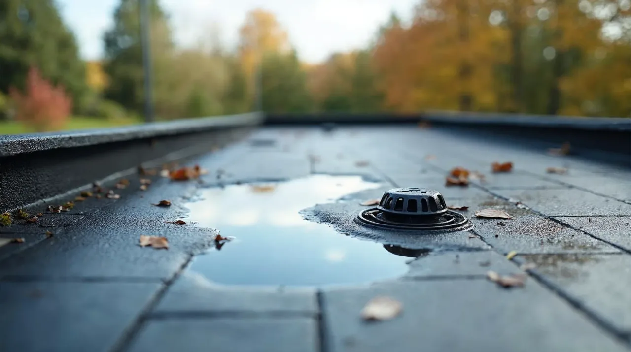 Flachdach mit Bitumenabdichtung: stehendes Regenwasser in einer Mulde, vorne ein Dachablauf, teilweise mit Laub und Moos verstopft