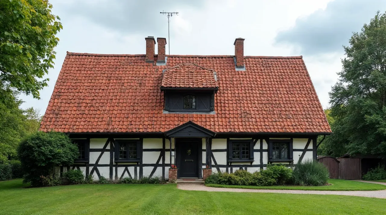 Historisches Fachwerkhaus mit rotbraunem Biberschwanzdach und eingebundener, geschwungener Fledermausgaube im Tageslicht