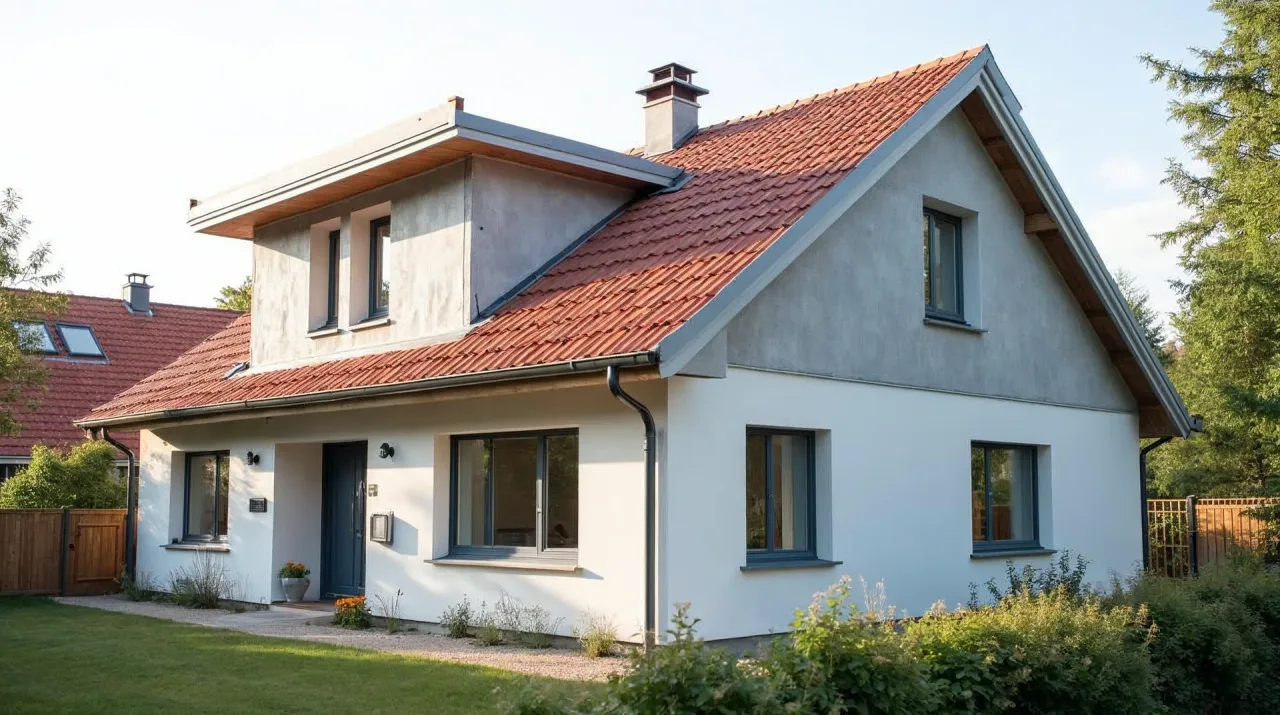 Neubau mit Satteldach in der Eindeckphase: graue Unterdeckbahn, Konter- und Traglattung, vorbereitete Dachfensteröffnung und an der Traufe bereits rotbraune Tonziegel