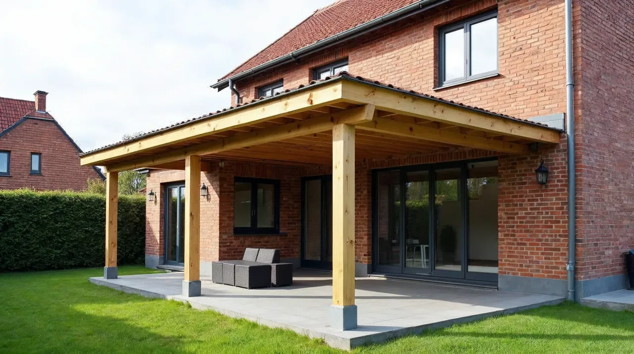 Terrassenüberdachung aus hellem Holz mit rotbrauner Tonziegel-Eindeckung, Pfosten auf Pfostenträgern, Zinkrinne und Fallrohr an einem norddeutschen Klinkerhaus