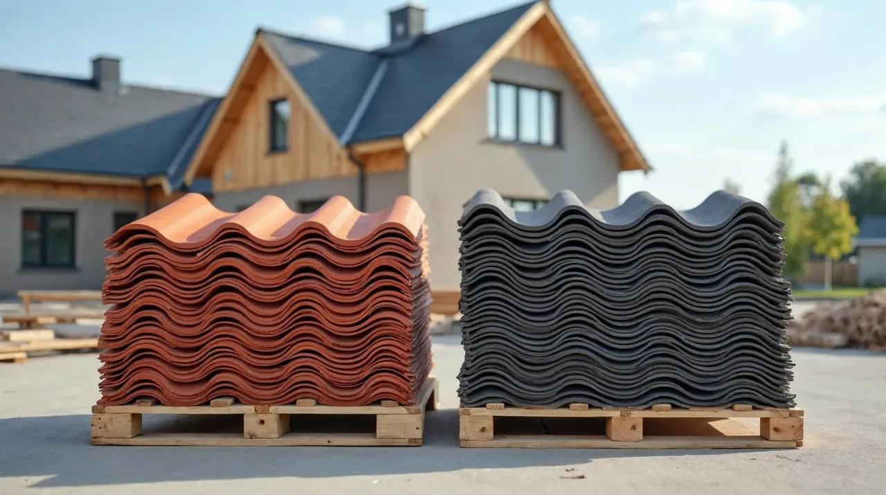 Zwei Stapel neuer Dachpfannen auf einer Palette: links rotbraune Tonziegel mit matter Oberfläche, rechts anthrazitfarbene Betondachsteine, im Hintergrund ein Neubaudach mit Lattung