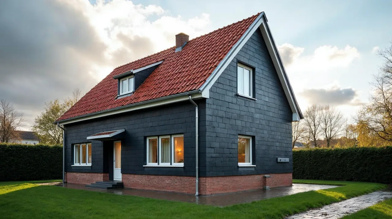 Norddeutsches Haus mit Klinkersockel und rotem Tonziegeldach, dessen Giebel vollflächig mit anthrazitfarbenem Schiefer verkleidet ist, nass glänzend nach einem Regenschauer