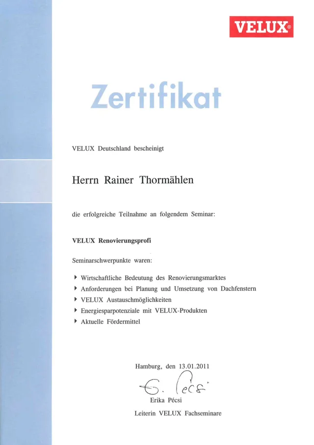 Zertifikat: VELUX Weiterbildung Renovierungsprofi