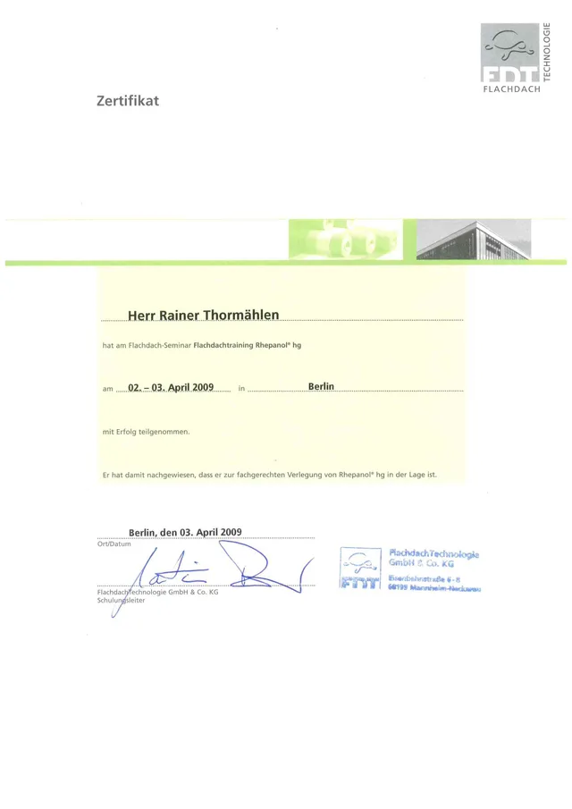 Zertifikat: Flachdachtraining Rhepanol hg